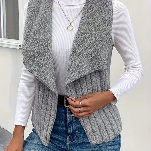 Waterfall Collar Open Front Vest, Versatile Fuzzy Sleeveless Outerwear For Fall & Winter, Women's Clothing
