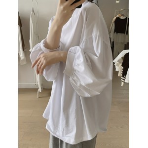 Solid Crew Neck T-Shirt, Casual Lantern Sleeve Top For Spring & Fall, Women's Clothing