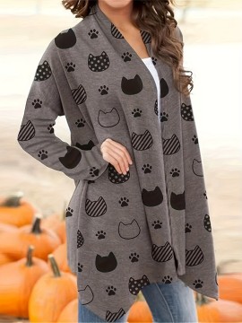 Cute Cat Print Open Front Cardigan, Casual Long Sleeve Outerwear, Women's Clothing