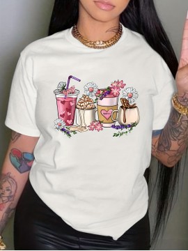Coffee & Floral Print Crew Neck T-shirt, Casual Short Sleeve Drop Shoulder Top, Women's Clothing