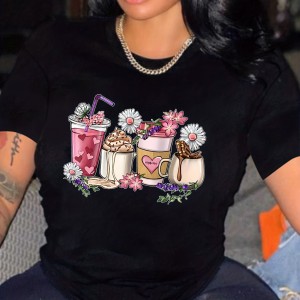 Coffee & Floral Print Crew Neck T-shirt, Casual Short Sleeve Drop Shoulder Top, Women's Clothing