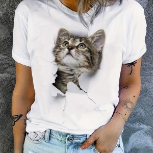 Cute Cat Print T-Shirt, Crew Neck Short Sleeve T-Shirt, Casual Every Day Tops, Women's Clothing