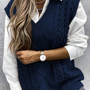 Cable V-Neck Sweater Vests, Casual Loose Sleeveless Fall Winter Knit Sweater Vest, Women's Clothing