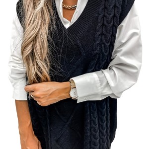 Cable V-Neck Sweater Vests, Casual Loose Sleeveless Fall Winter Knit Sweater Vest, Women's Clothing