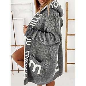 Letter Print Waterfall Collar Knit Cardigan, Casual Hooded Long Sleeve Sweater With Pockets, Women's Clothing
