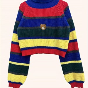 Bear Pattern Striped Pullover Sweater, Cute Turtle Neck Long Sleeve Crop Sweater, Women's Clothing