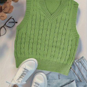 Twist Pattern V Neck Sweater Vest, Y2K Sleeveless Vest For Spring & Fall, Women's Clothing
