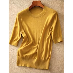 Half Sleeve Knit Swearter, Casual Crew Neck Solid Sweater For Spring & Summer, Women's Clothing