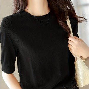 Half Sleeve Knit Swearter, Casual Crew Neck Solid Sweater For Spring & Summer, Women's Clothing