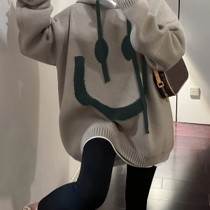 Smile Face Pattern Oversized Hoodies, Casual Drawstring Long Sleeve Sweater, Women's Clothing
