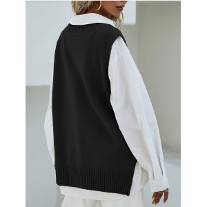 Solid V Neck Knitted Vest, Casual Sleeveless Dipped Hem Split Sweater, Women's Clothing