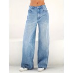 Blue Loose Fit Wide Leg Jeans, High Waist Slash Pockets High Rise Straight Jeans, Women's Denim Jeans & Clothing