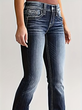 Washed Personality Pockets Boot-Cut Jeans, High Stretch Casual Denim Pants, Women's Denim Jeans & Clothing