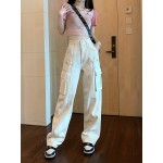 Plain Flap Pockets Cargo Pants, Non-Stretch Loose Fit High Waist Y2K & Kpop Style Straight Jeans, Women's Denim Jeans & Clothing