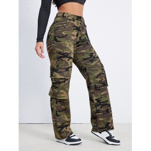 Camo Flap Pockets Cargo Pants, Loose Fit High Waist Straight Jeans, Women's Denim Jeans & Clothing