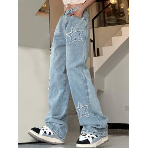 Blue Star Shape Patchwork Straight Jeans, Loose Fit Slant Pockets Non-Stretch Denim Pants, Women's Denim Jeans & Clothing