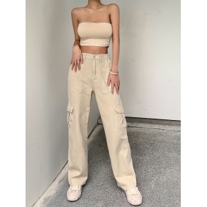Loose Fit High Waist Cargo Pants, Wide Legs High Rise Flap Pockets Non-Stretch Straight Legs Denim Pants, Y2K Kpop Vintage Style, Women's Denim Jeans & Clothing